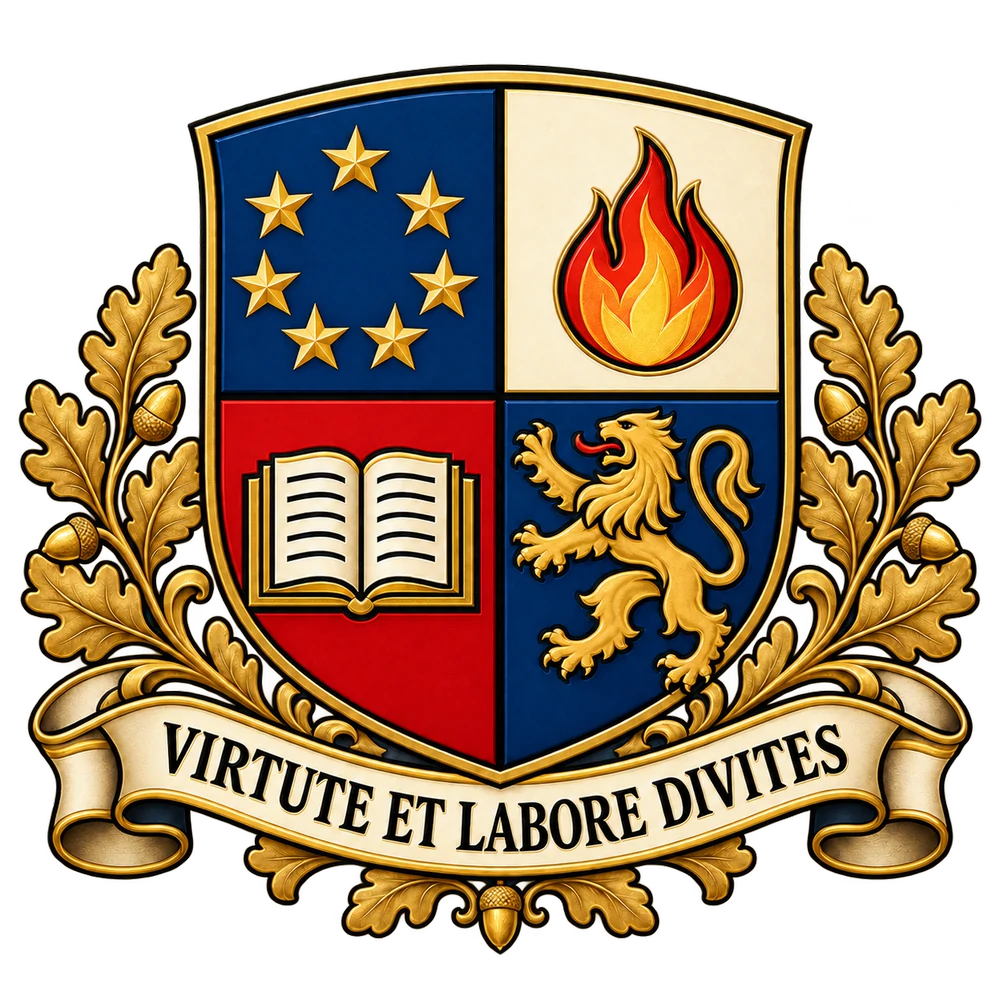Constantin Malanciuc family crest with seven stars, oak leaves, an open book and a flame